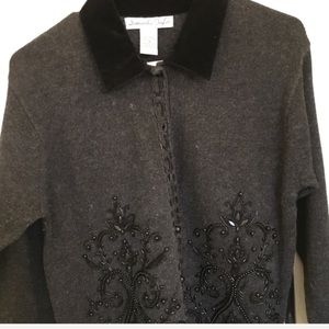 NEW beaded charcoal cardigan black velvet collar